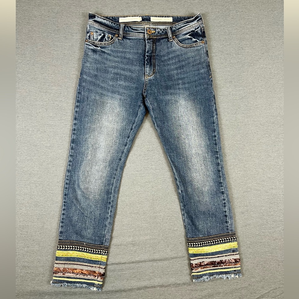 Pilcro and the Letterpress Denim Cropped Jeans with Boho Embellishments